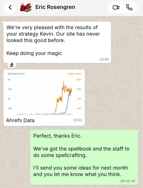 WhatsApp message from Eric Rosengren: we are very pleased with the results of your strategy Kevin. Our site has never looked this good before. Keep doing your magic. Attached is his Ahrefs panel showing referring domains and organic traffic both climbing steeply.