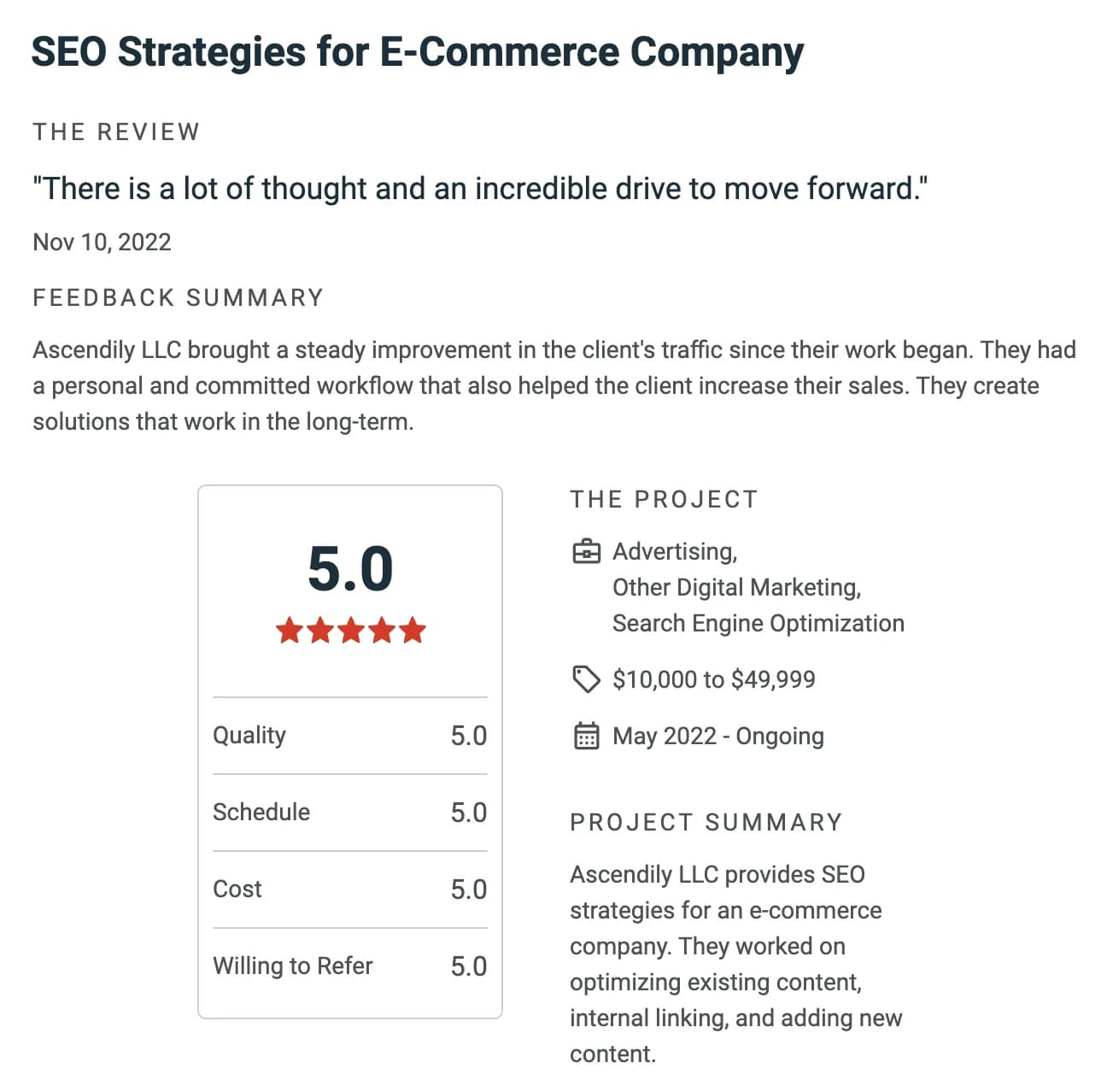 Review of SEO strategies for an e-commerce company, 5.0 for quality, schedule, cost and willingness to refer, 10 November 2022: there is a lot of thought and an incredible drive to move forward. Steady traffic improvement since the work began, and higher sales.